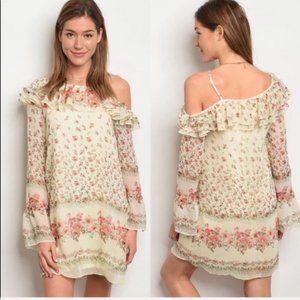 NWT Floral Long Sleeve Ruffle One Shoulder Dress One Sleeve